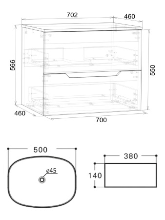 Тумба с раковиной подвесная 70 см, Orange Line Li-70TugMDF+B08-500W графит/белый